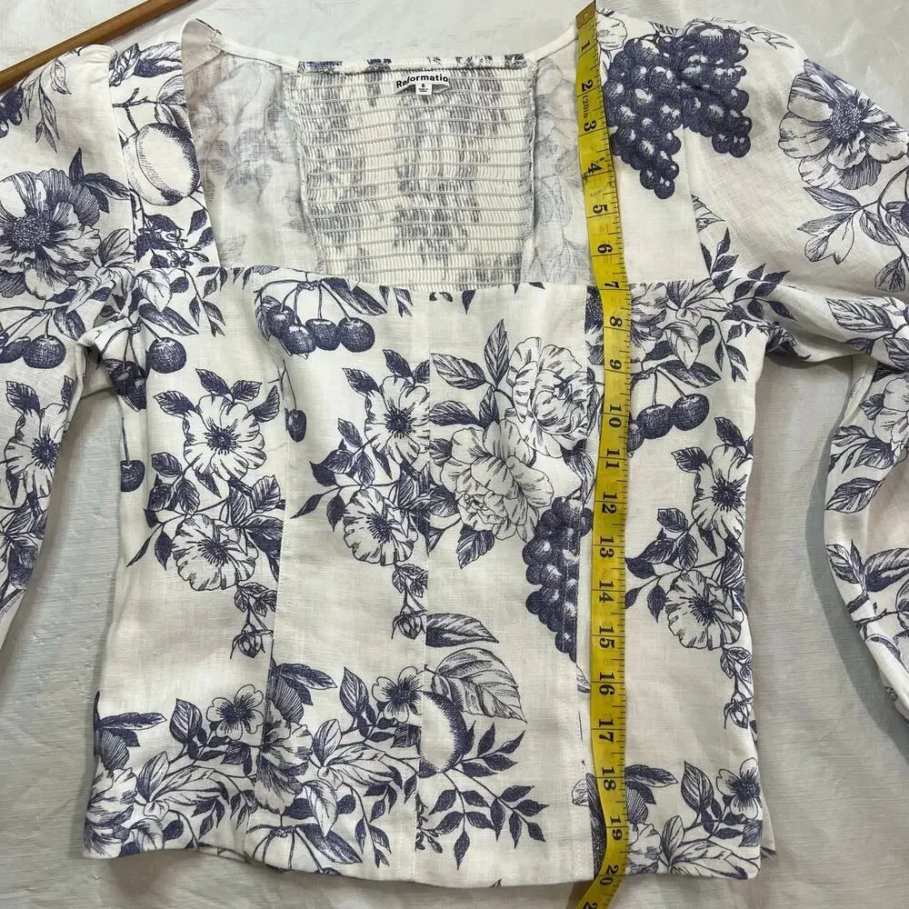 Reformation Stilton Linen Top Carla – Blue Floral Fruit Print – Size 8